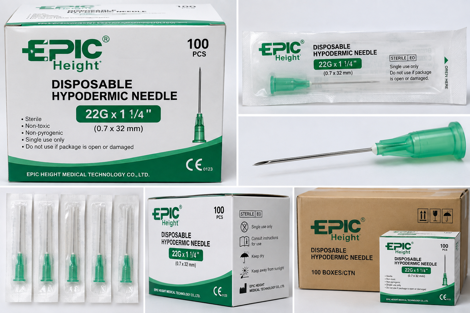 EPIC Height Hypodermic Needle 22G 100 Pieces Box