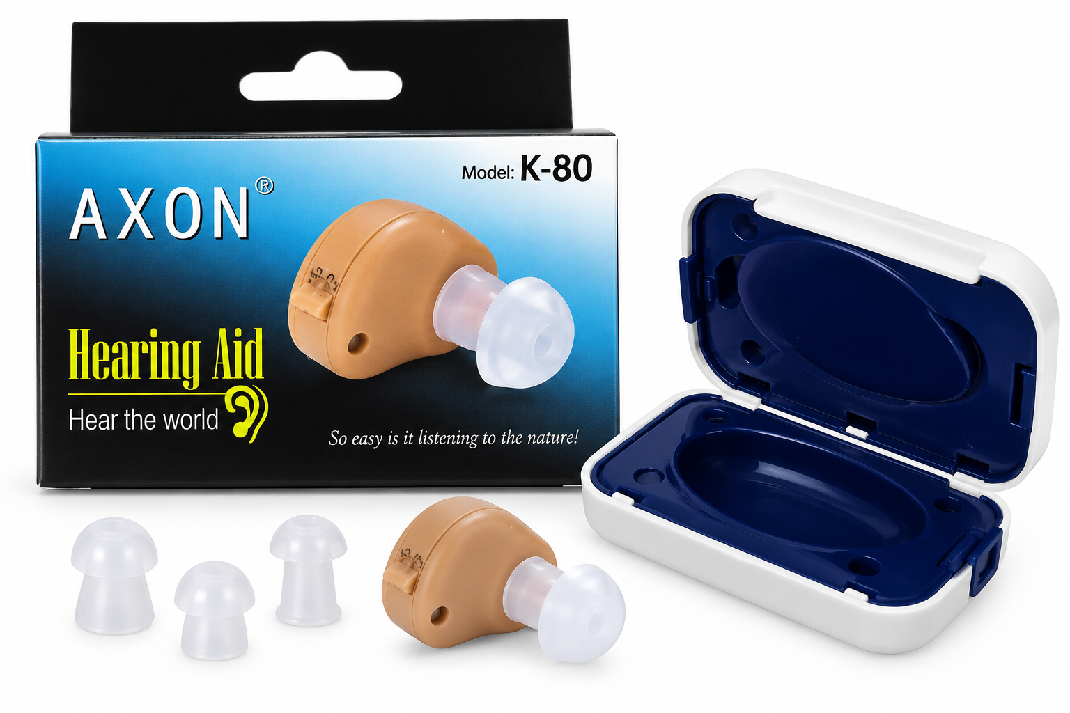 AXON K-80 In-the-Ear Hearing Aid with Ear Tips and Case - View 1