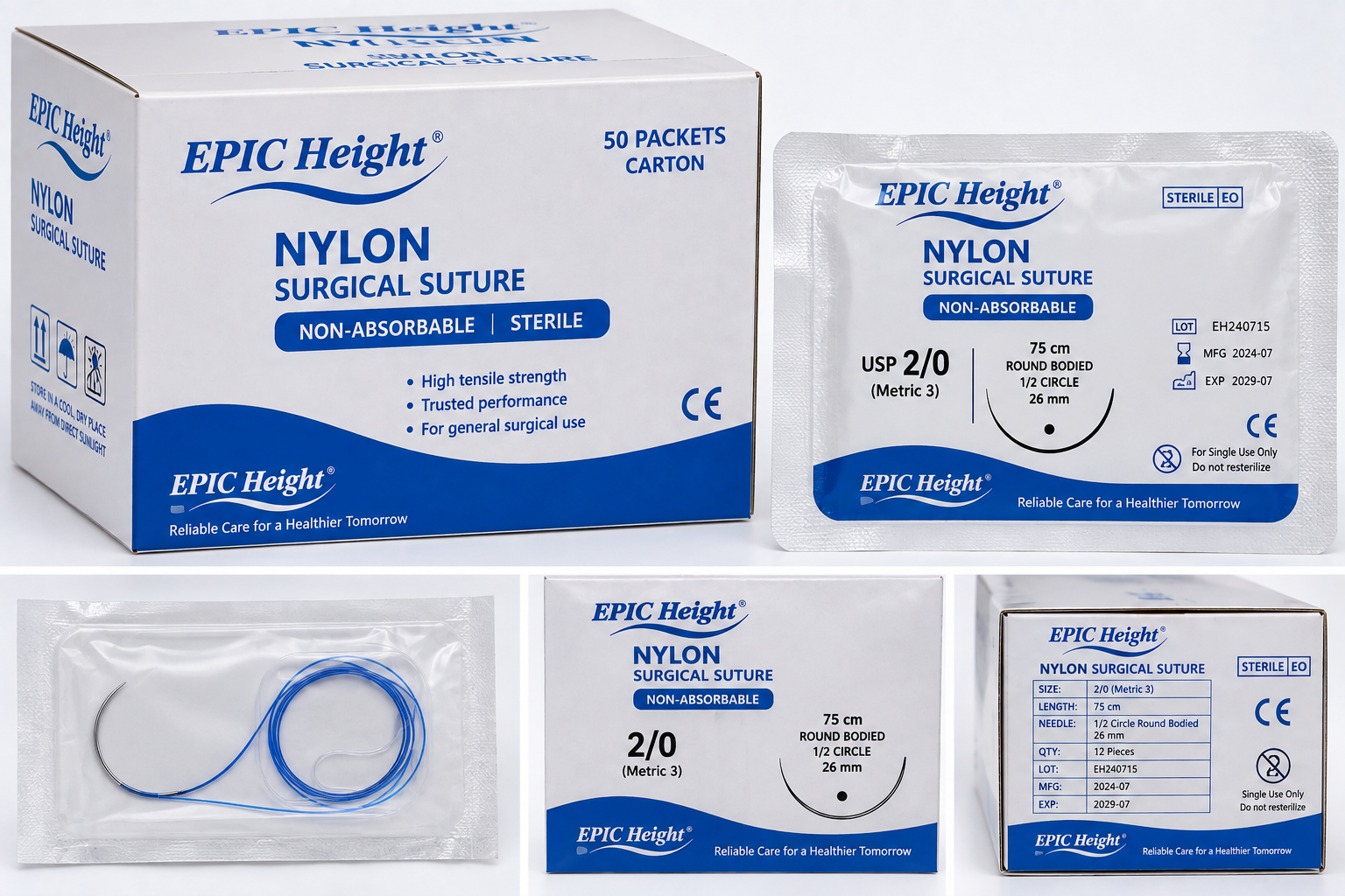 EPIC Height Nylon Surgical Suture Size 2 50 Packets Carton