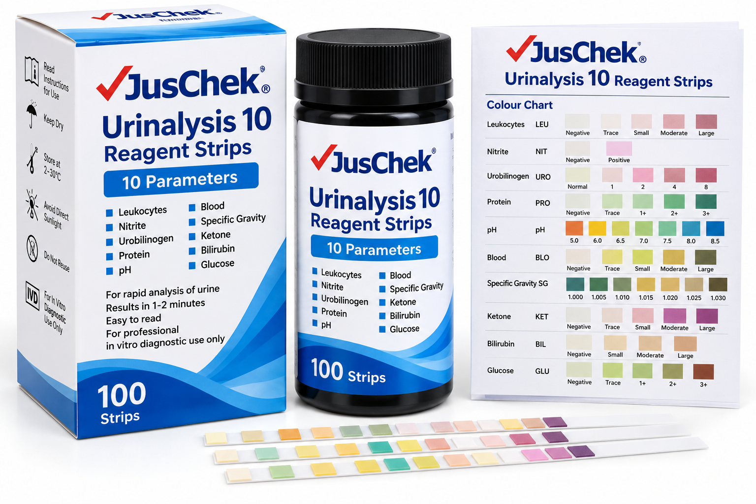 JusChek 10-Parameter Urinalysis Reagent Strips – 100 Strips - View 1