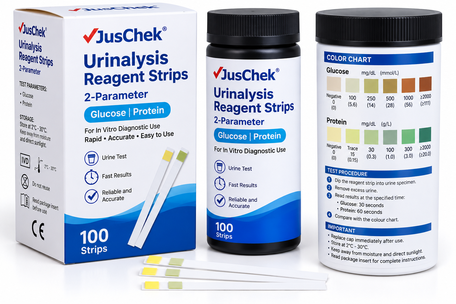 JusChek 2-Parameter Urinalysis Reagent Strips – 100 Strips - View 1