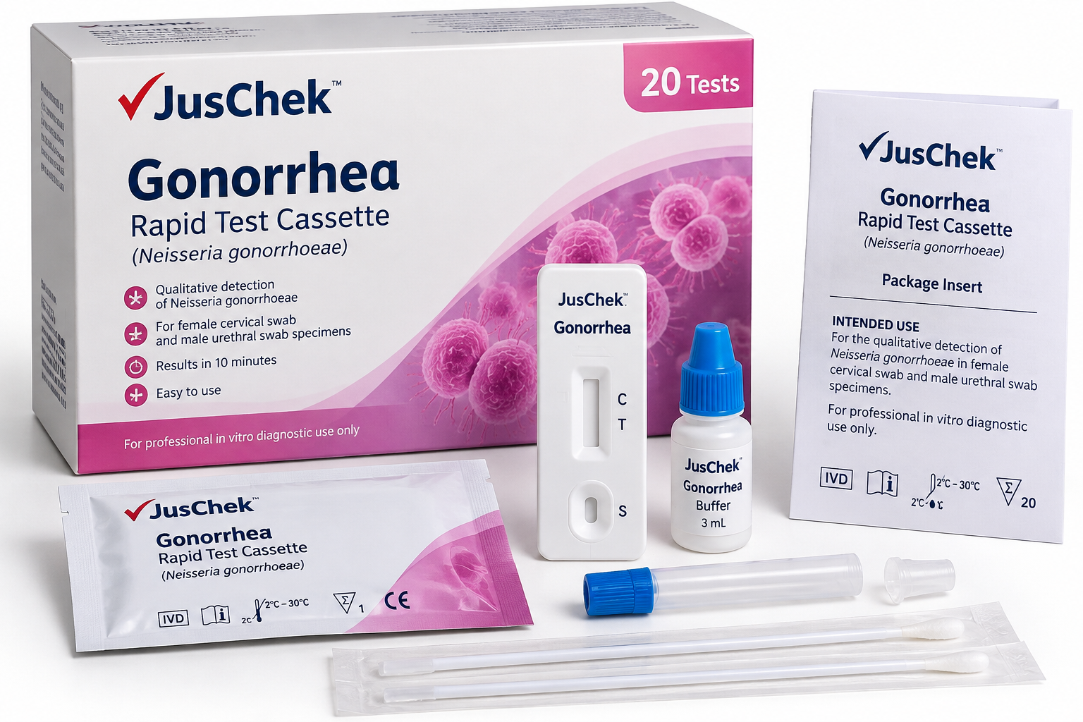 JusChek Gonorrhea Rapid Test Cassette – 20 Tests - View 1