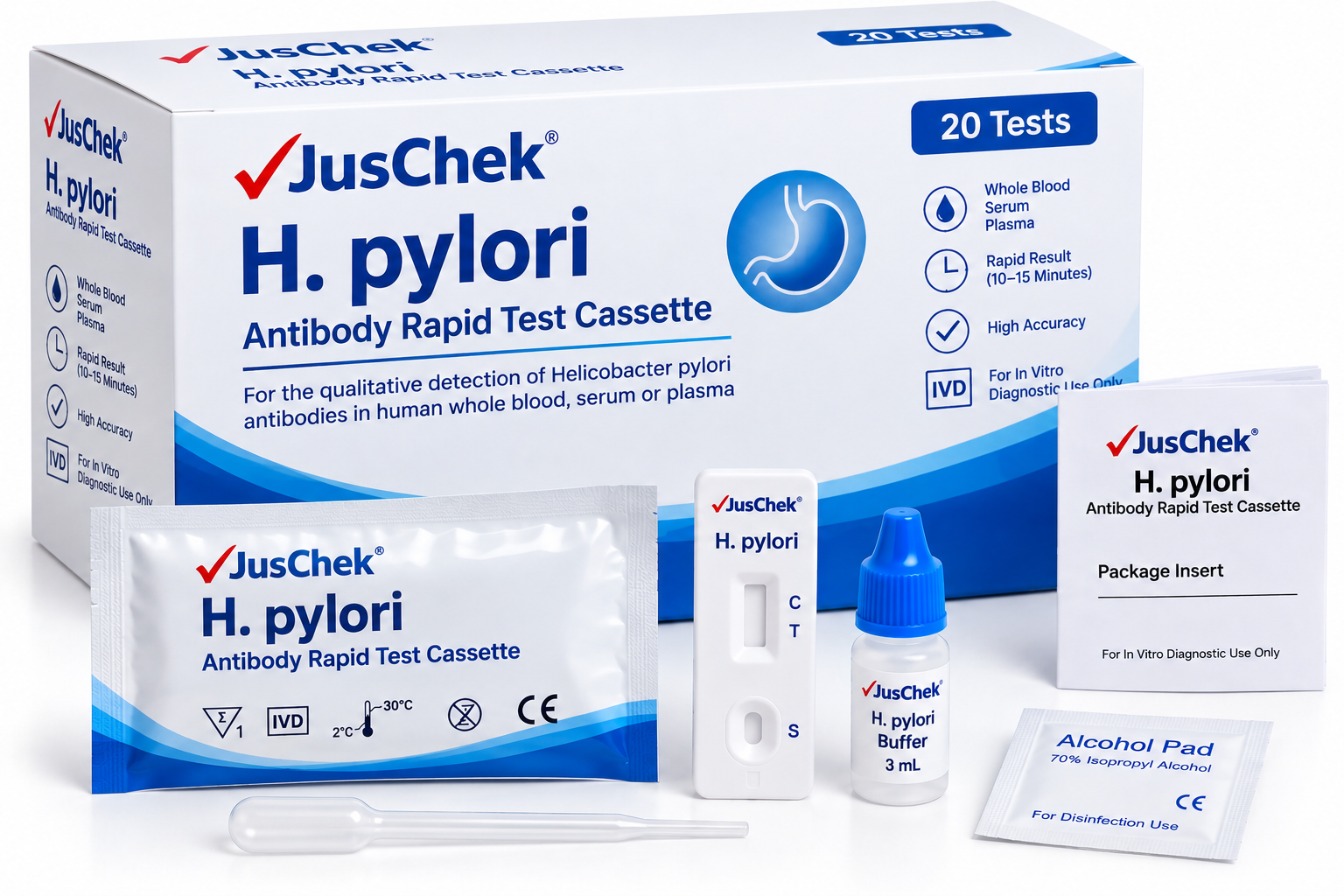 JusChek H. pylori Blood Rapid Test Cassette – 20 Tests - View 1