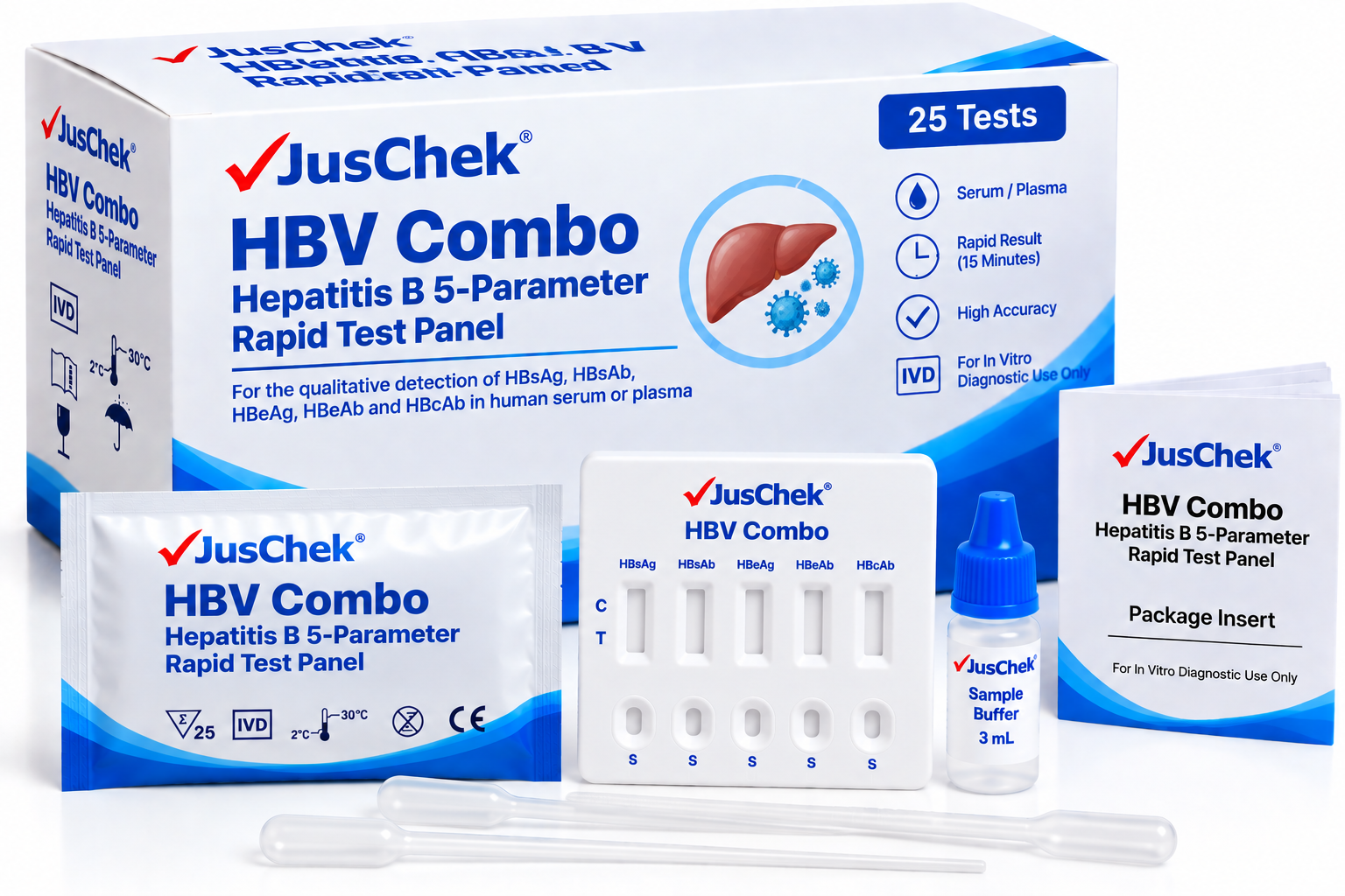JusChek HBV Combo Hepatitis B 5-Parameter Rapid Test Panel – 25 Tests - View 1