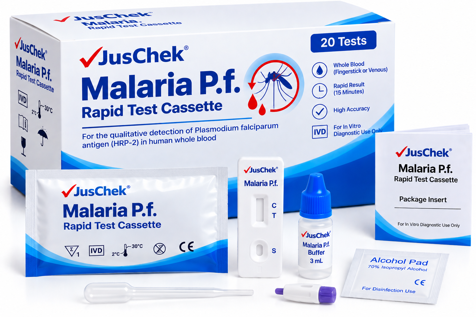 JusChek Malaria P.f. Rapid Test Cassette – 20 Tests - View 1