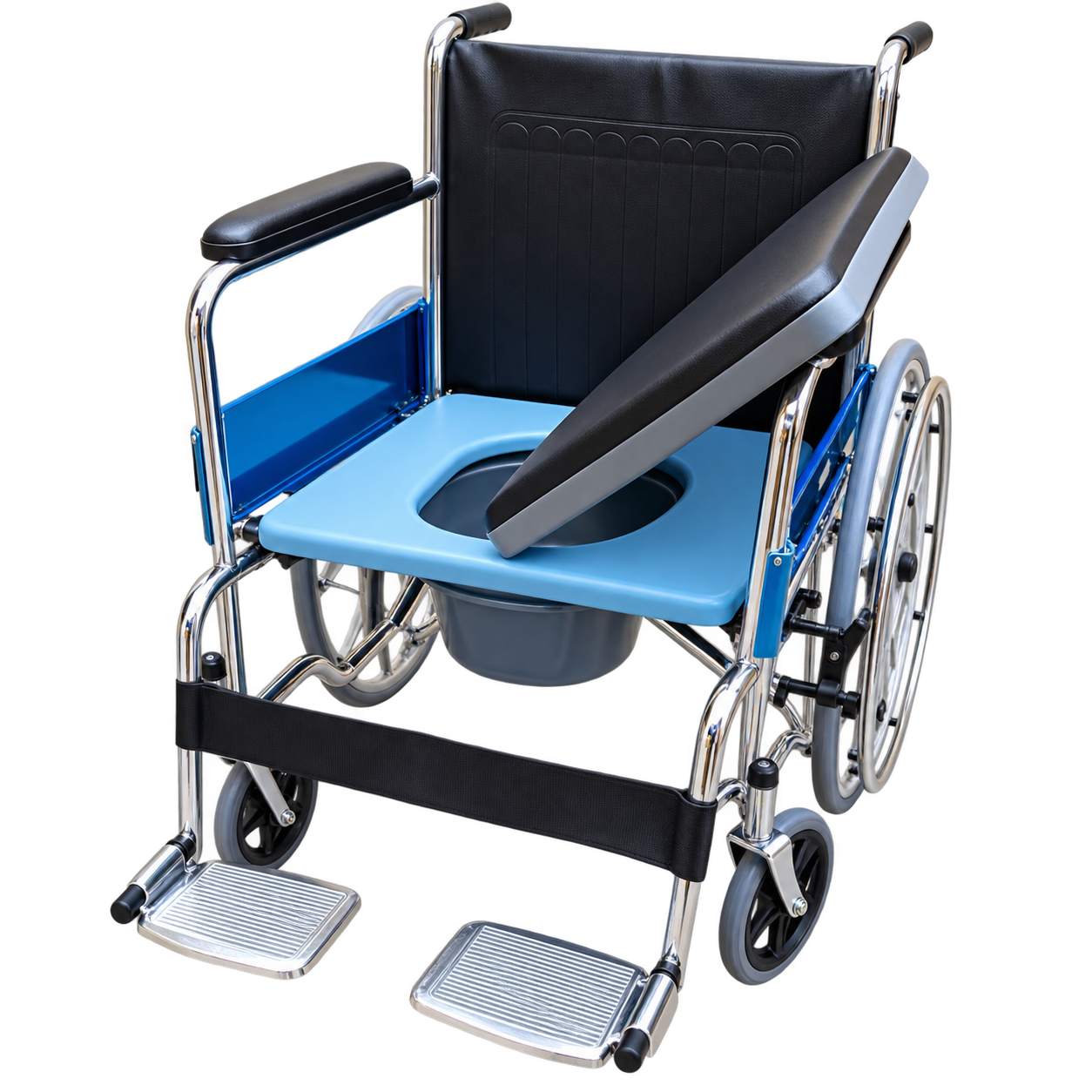 Mobile Commode Wheelchair with Removable Seat and Footrests - View 1