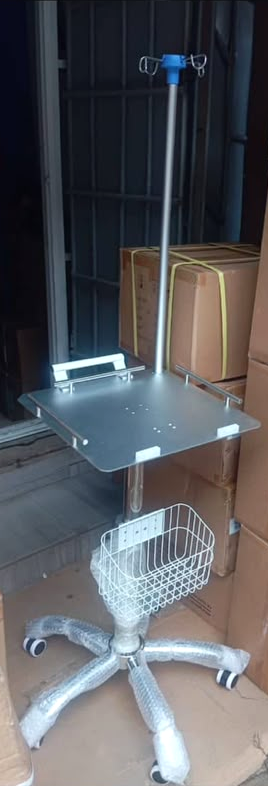 Mobile Infusion Pump Stand with Equipment Tray and Storage Basket. - View 1