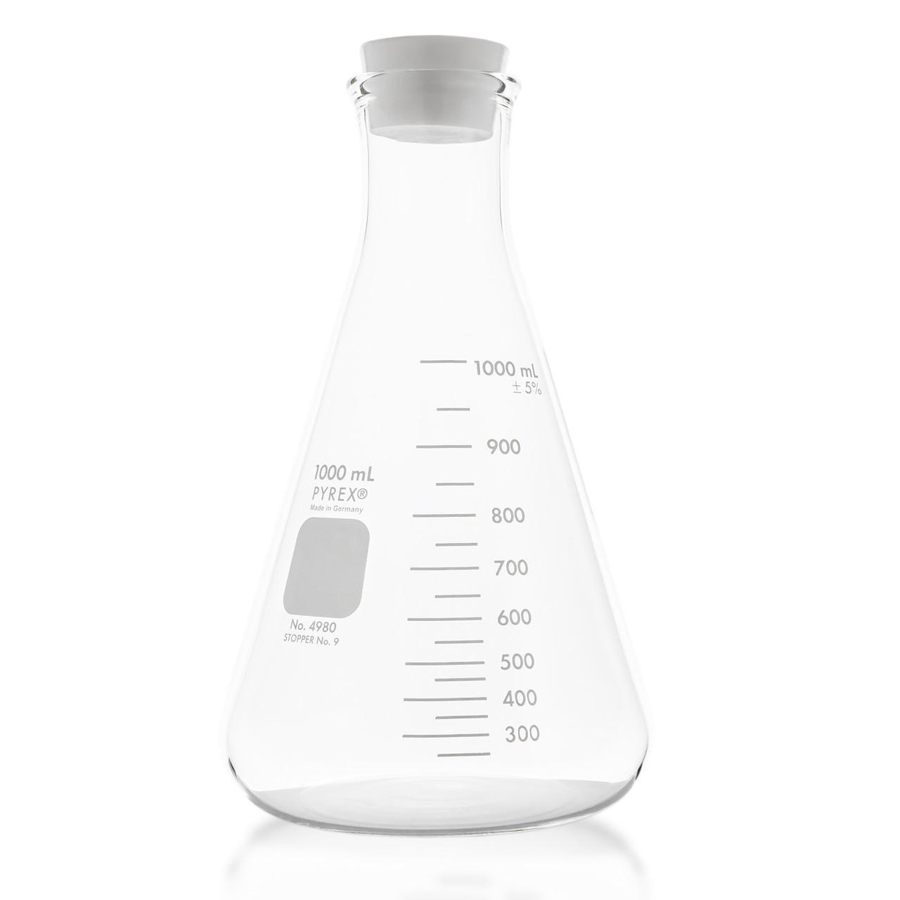 PYREX 1000mL Narrow Mouth Erlenmeyer Flask with Standard Taper Glass Stopper - View 1