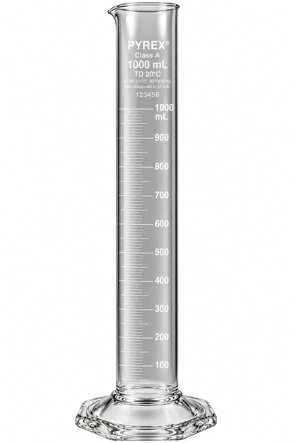 PYREX® 1000mL Single Metric Scale Serialized-Certified Class A Graduated Cylinder – White Graduations To Deliver - View 1
