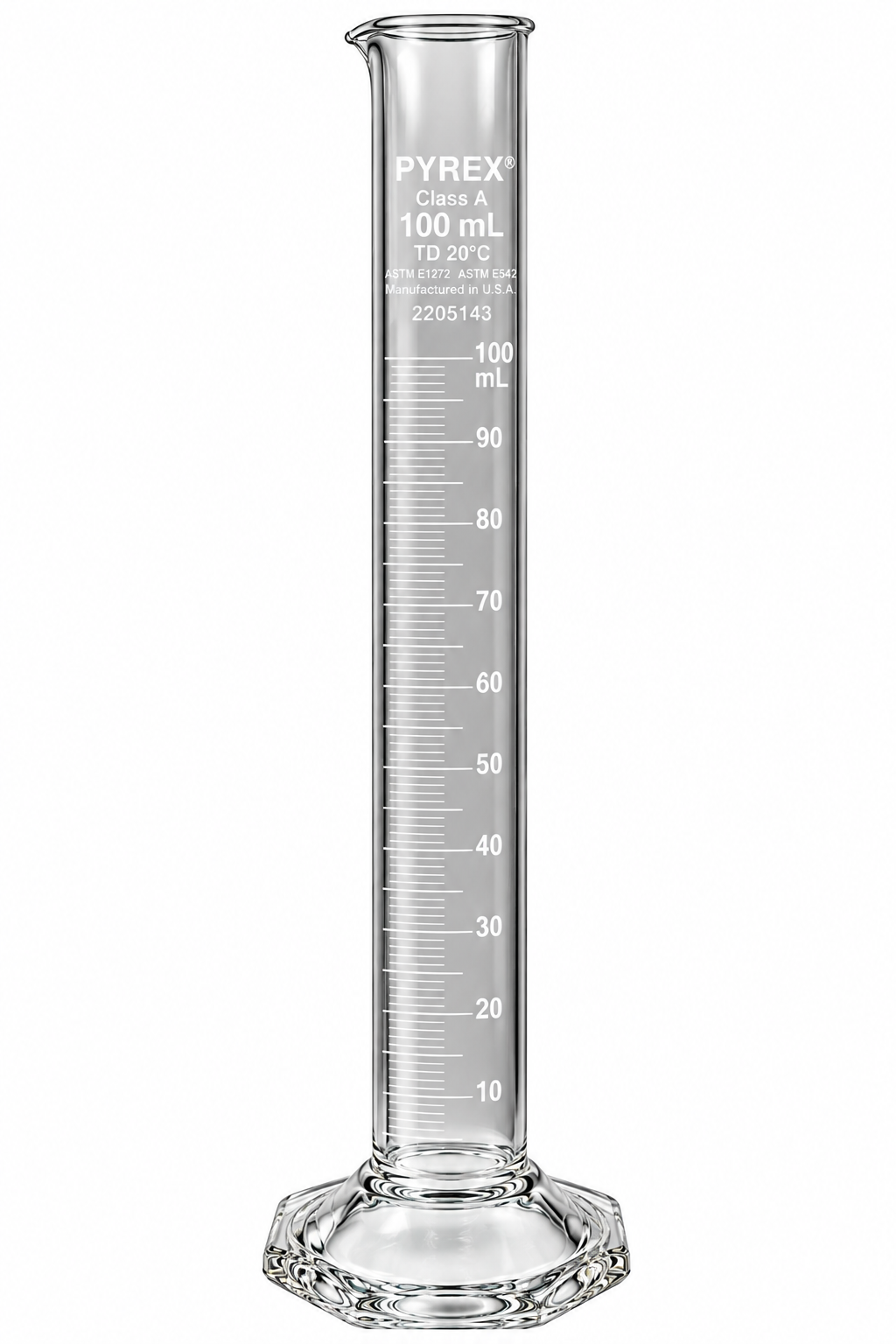 PYREX® 100mL Single Metric Scale Serialized-Certified Class A Graduated Cylinder – White Graduations To Deliver - View 1