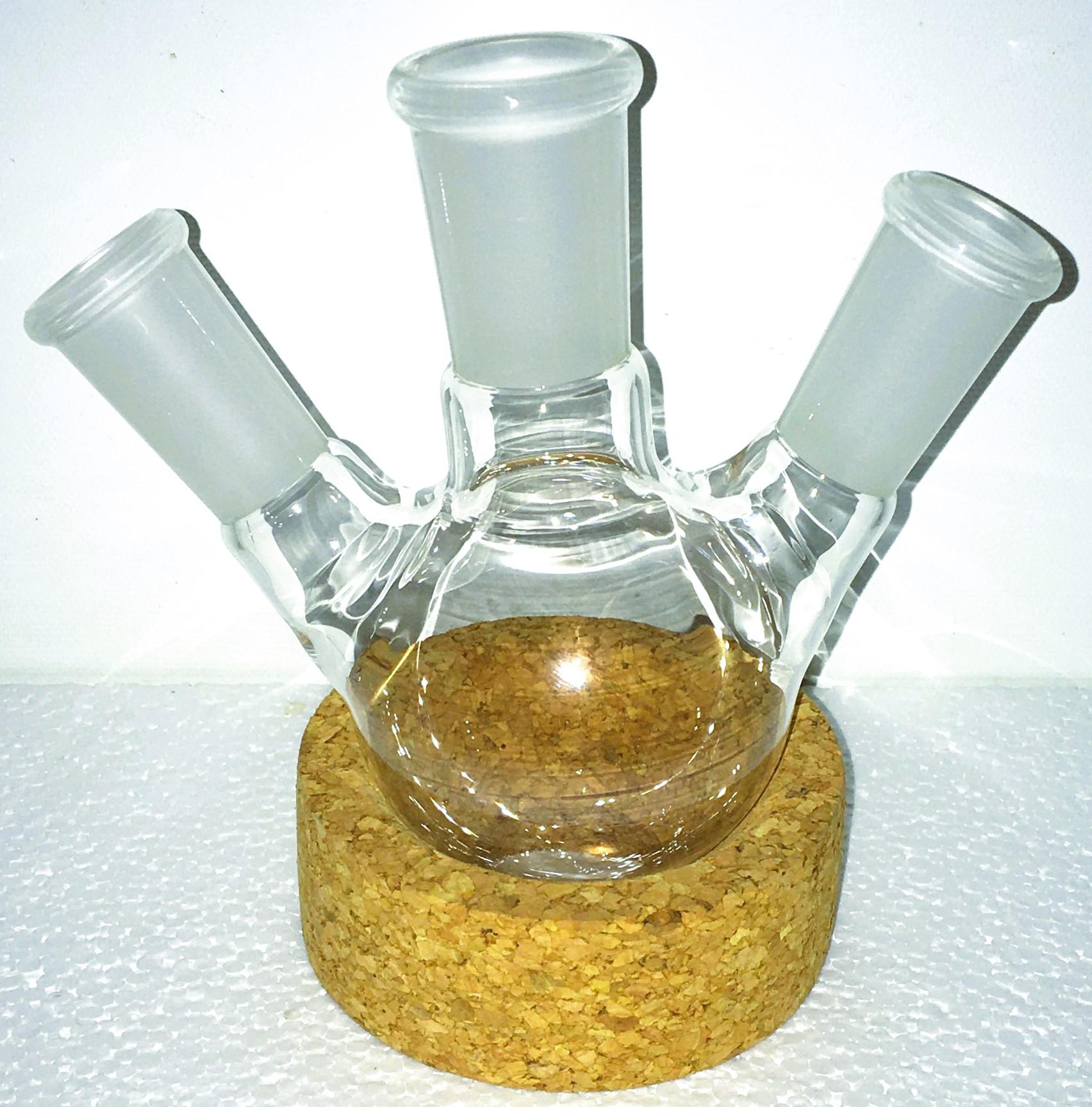PYREX 100mL Three Neck Distilling Flask with 24-40 Center and 19-38 Angled Side Joints - View 1