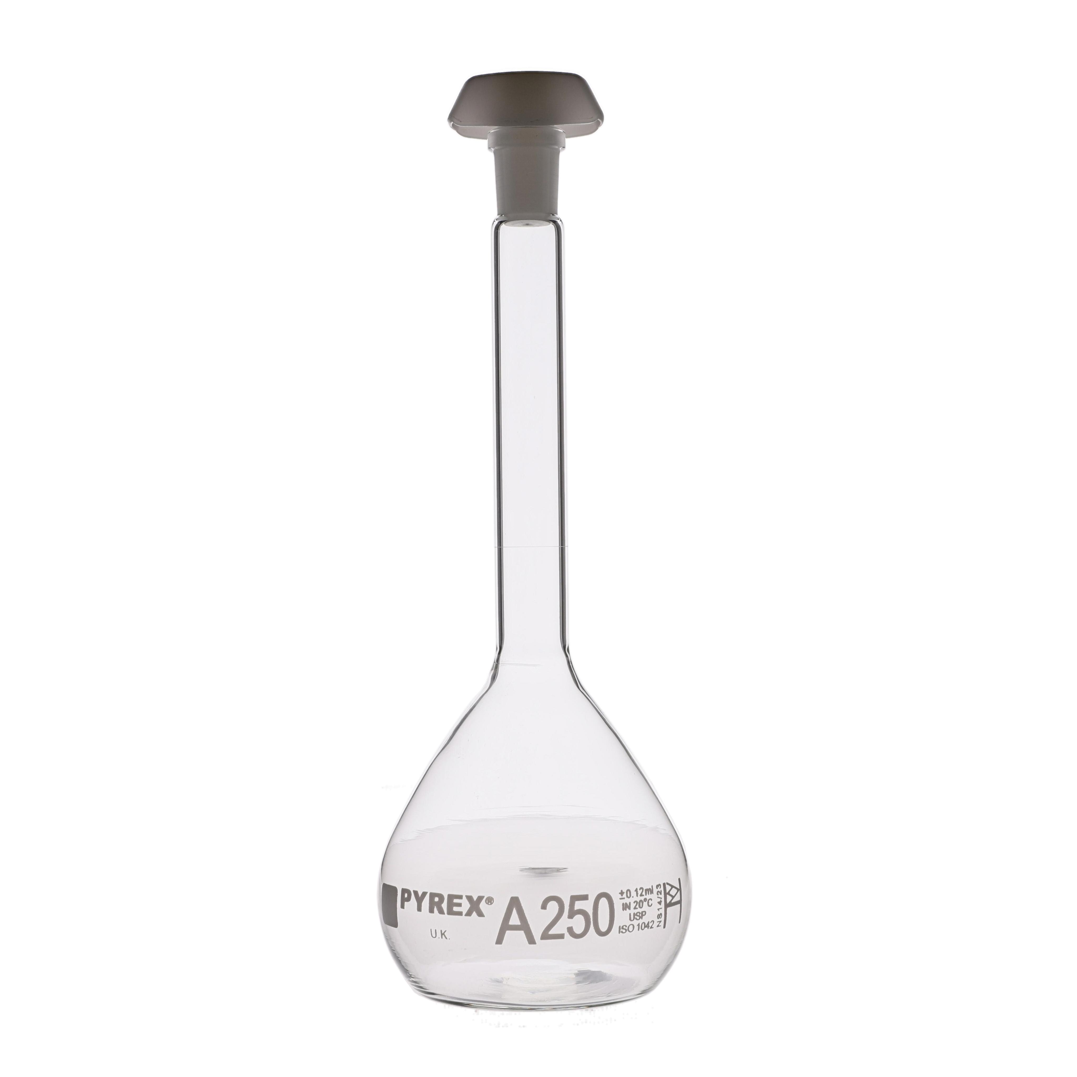 PYREX 250mL Class A Certified and Serialized Volumetric Flask with Glass Stopper 5680-250 - View 1