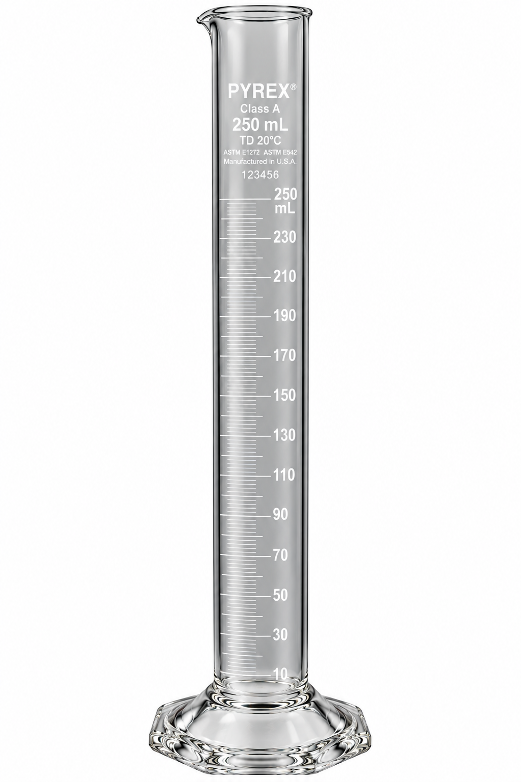 PYREX® 250mL Single Metric Scale Serialized-Certified Class A Graduated Cylinder – White Graduations To Deliver - View 1