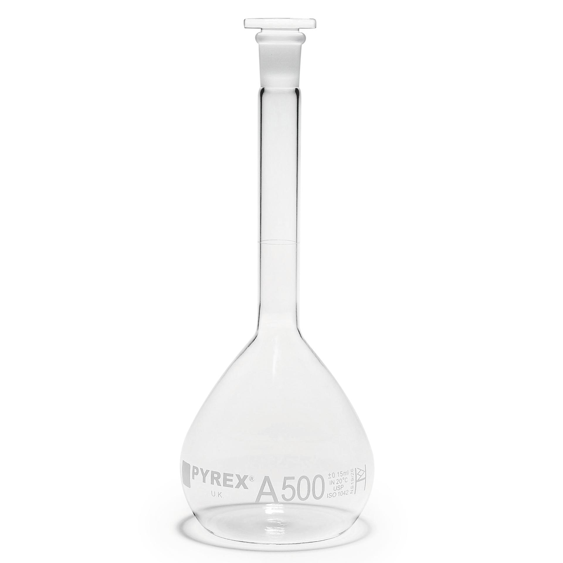 PYREX 500mL Class A Certified and Serialized Volumetric Flask with Glass Stopper 5680-500 - View 1