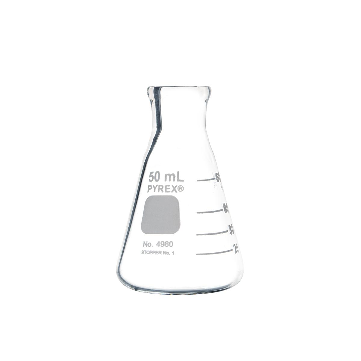 PYREX 50mL Narrow Mouth Erlenmeyer Flask with Heavy Duty Rim - View 1