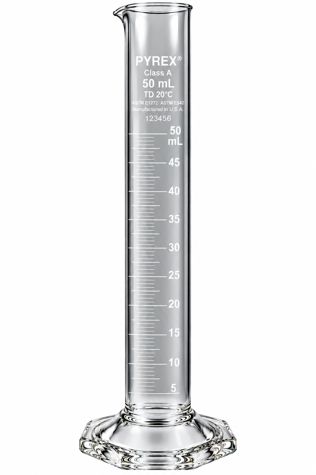 PYREX® 50mL Single Metric Scale Serialized-Certified Class A Graduated Cylinder – White Graduations To Deliver - View 1