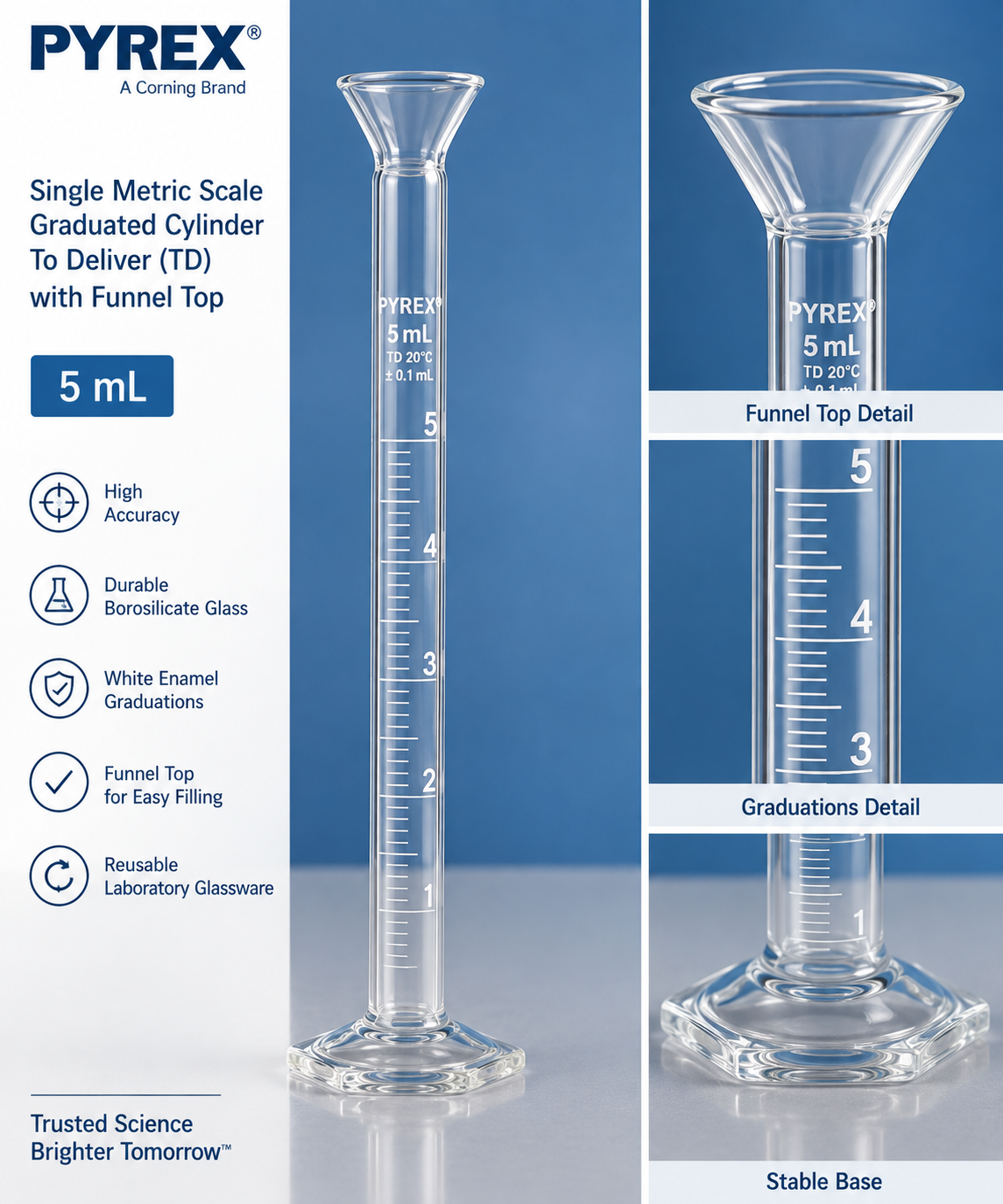 PYREX® 5mL Single Metric Scale Graduated Cylinder TD with Funnel Top 3024-5 - View 1