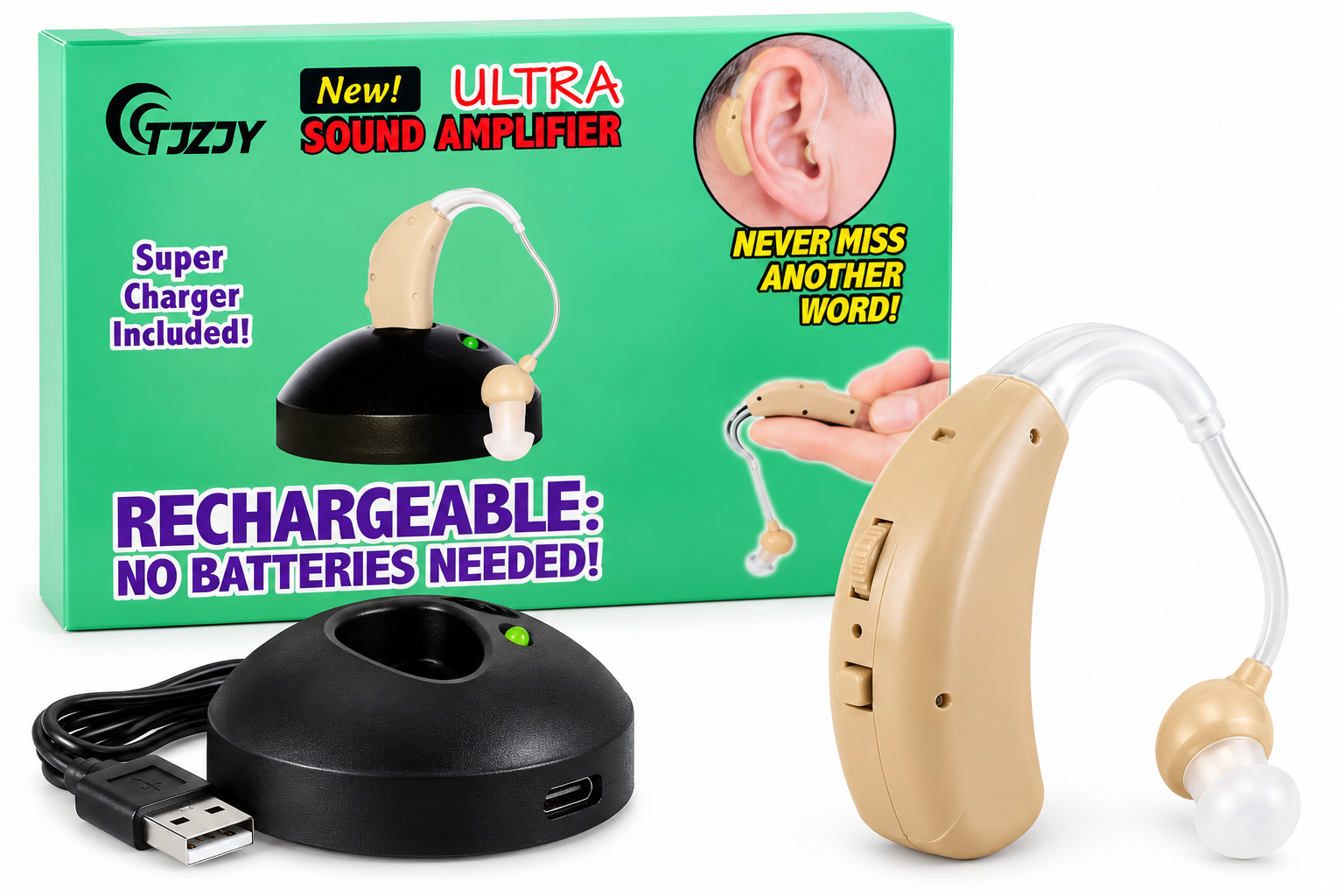 Rechargeable Behind-the-Ear Hearing Amplifier with Charger - View 1