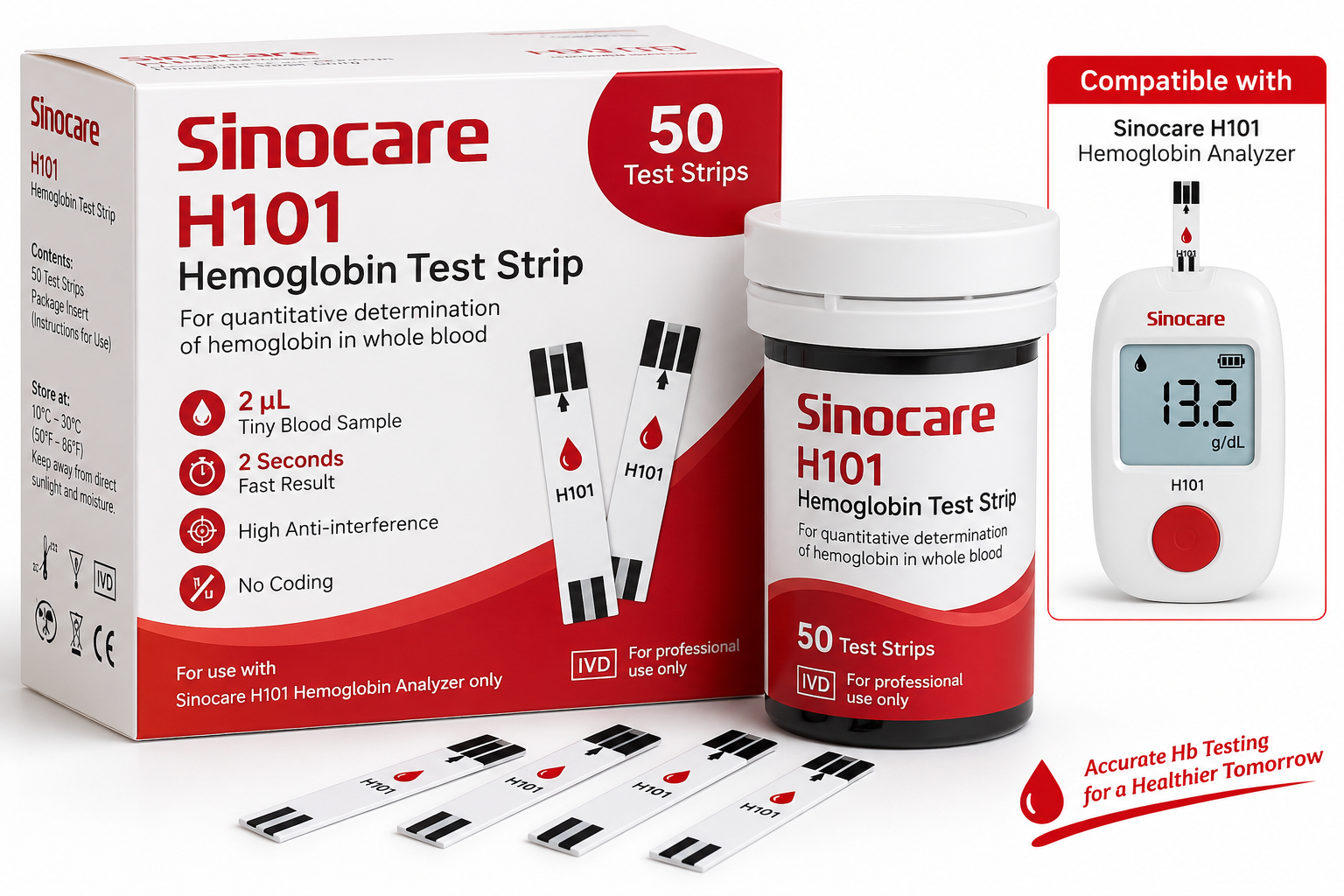 Sinocare H101 Hemoglobin Test Strips – 50 Strips