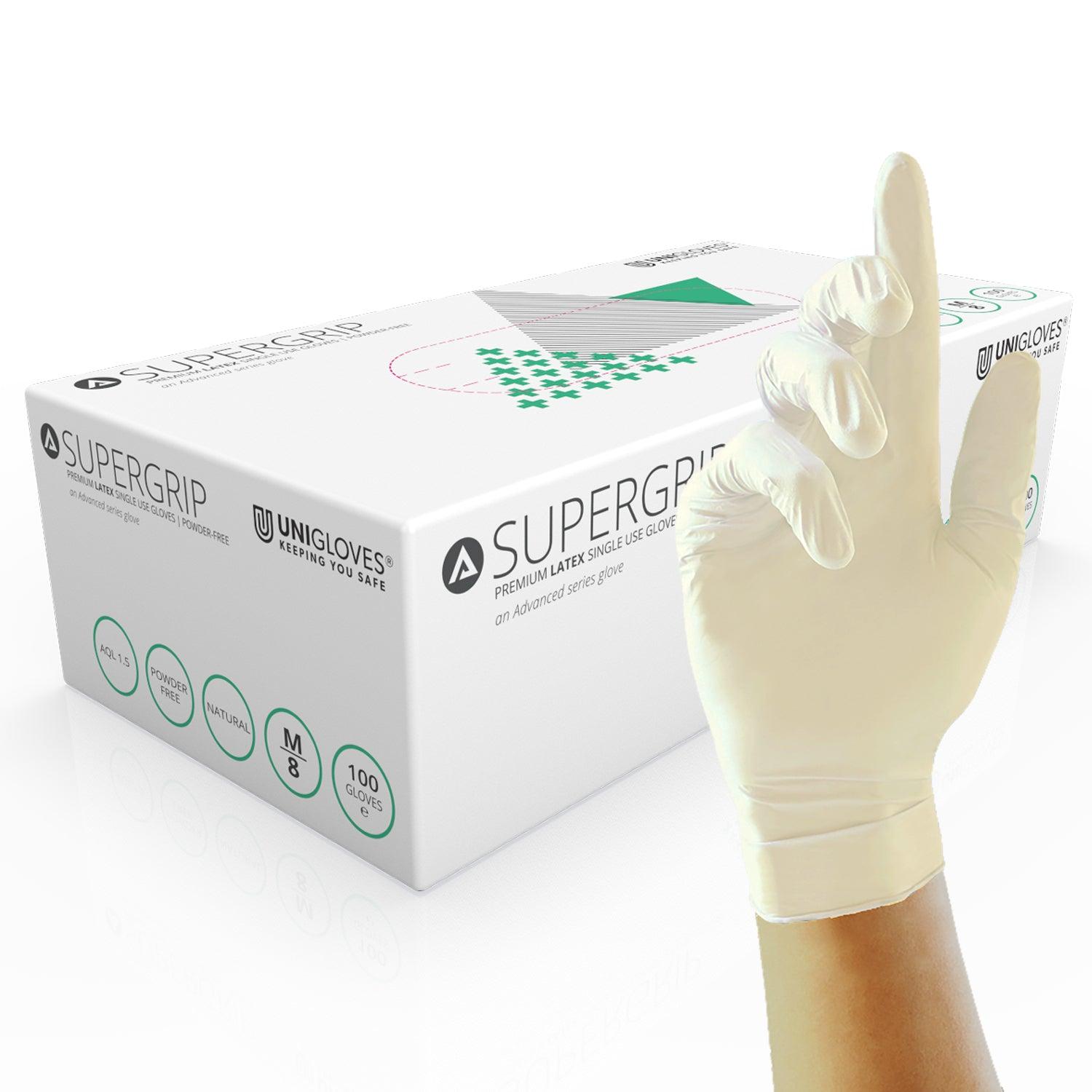 100pc Supergrip Latex Powder-Free Examination Gloves – White, Pink & Green – 10 Boxes-Carton