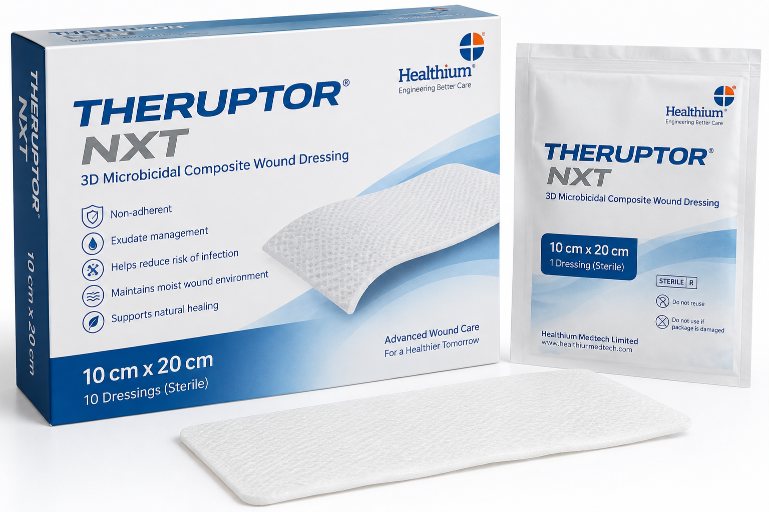 THERUPTOR NXT 10 × 20cm 3D Microbicidal Non-Adherent Wound Dressing
