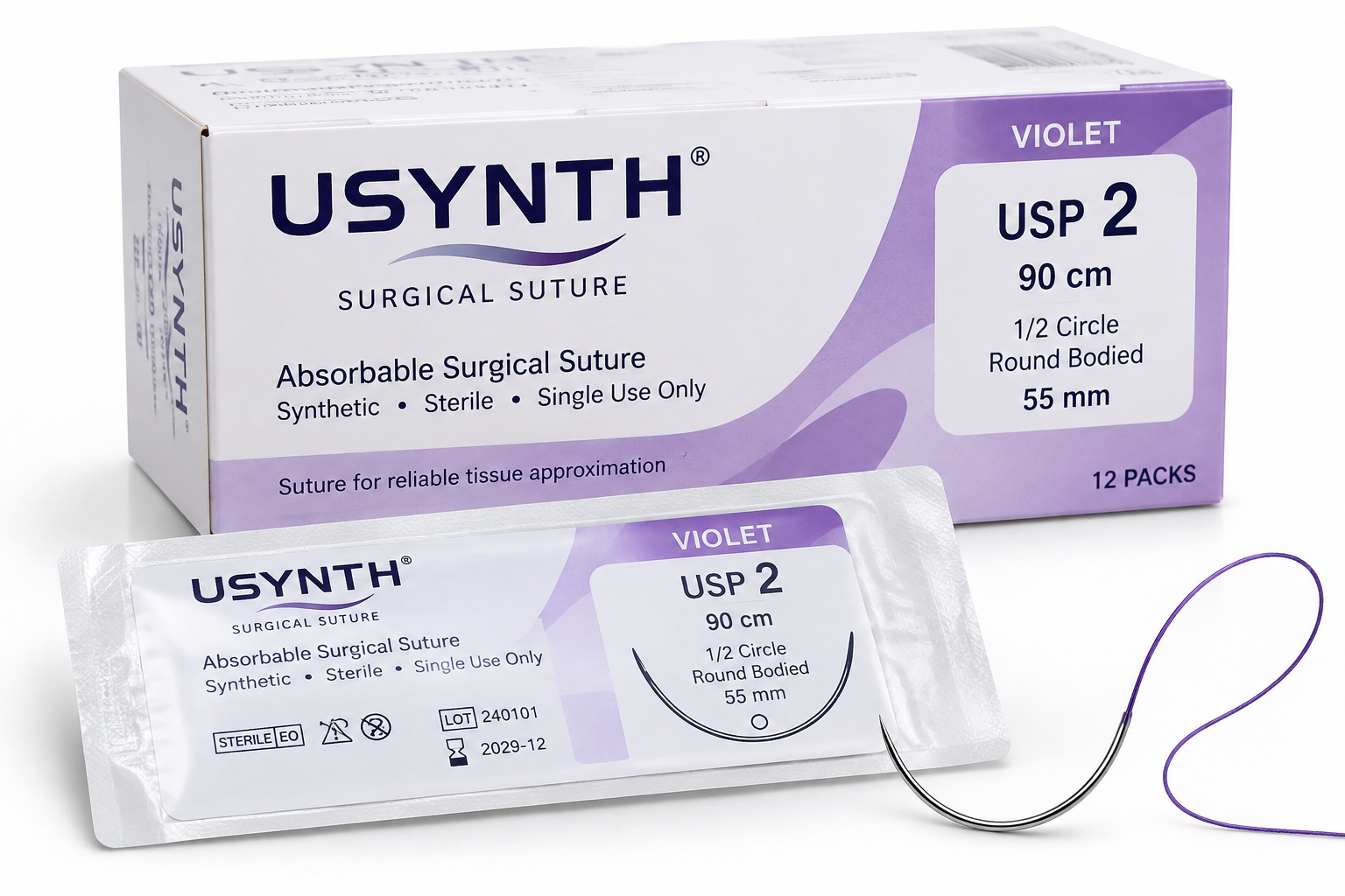 USYNTH Violet USP 2 Suture – 90cm, 55mm 1-2 Circle Round Body - View 1