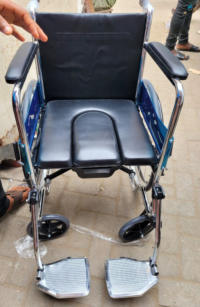 Mobile Commode Wheelchair with Detachable Footrests and Padded Seat - View 1